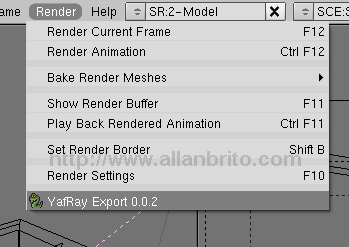 Menu para exportar a cena para o YafaRay